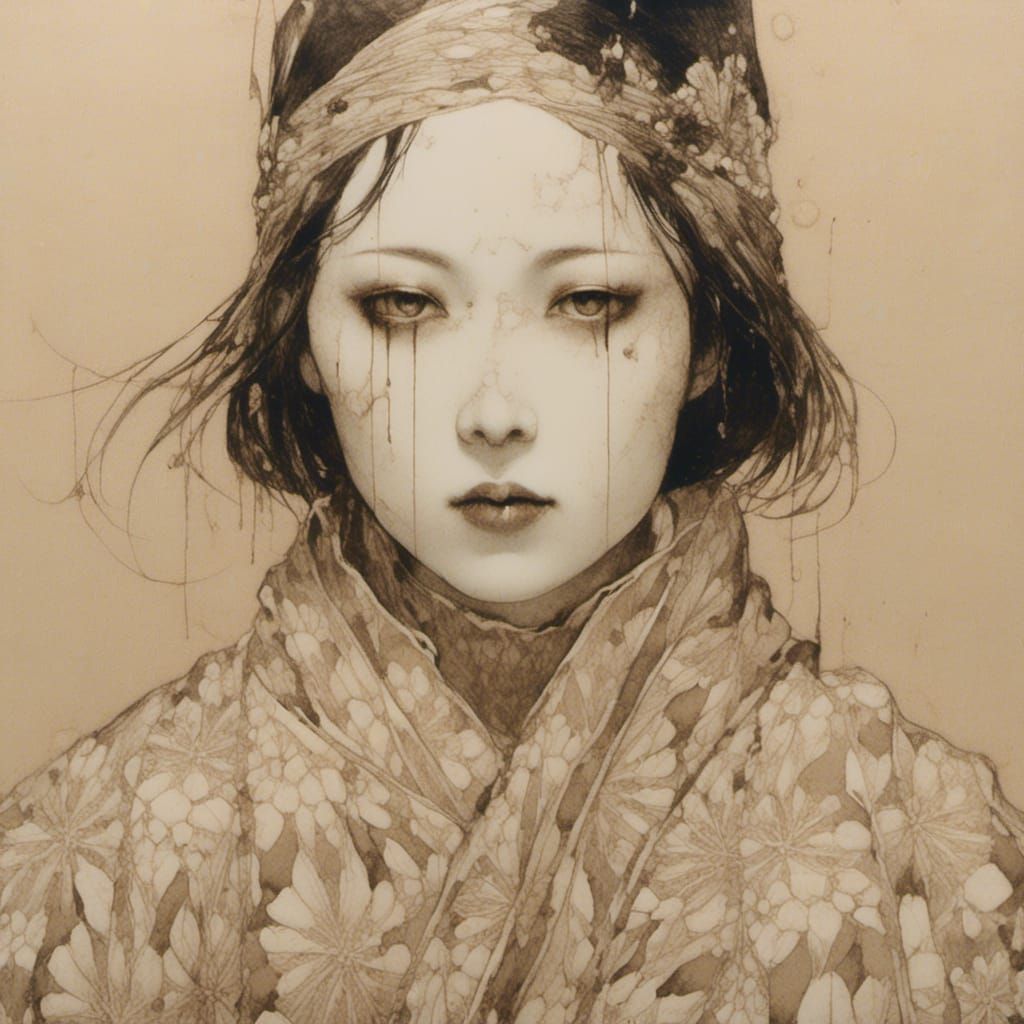 Expressive Portrait in Sepia Tones, Japanese Art Style