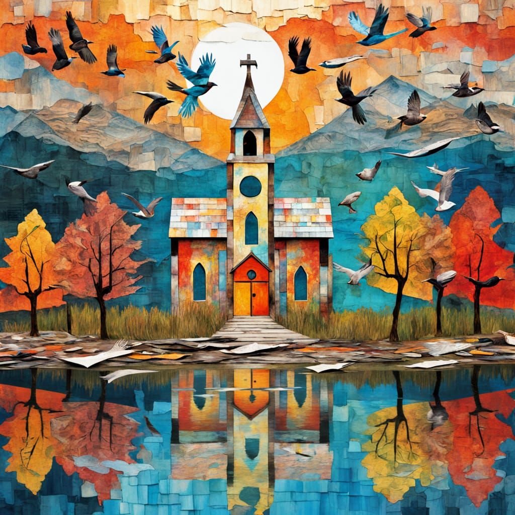 Chapel by Lake: Newspaper Collage with Birds
