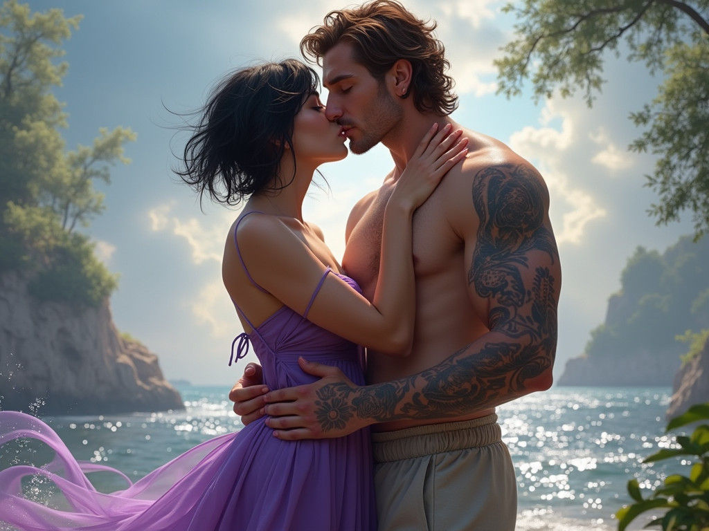 Romantic Kiss: Plus Sized Woman and Tattooed Man