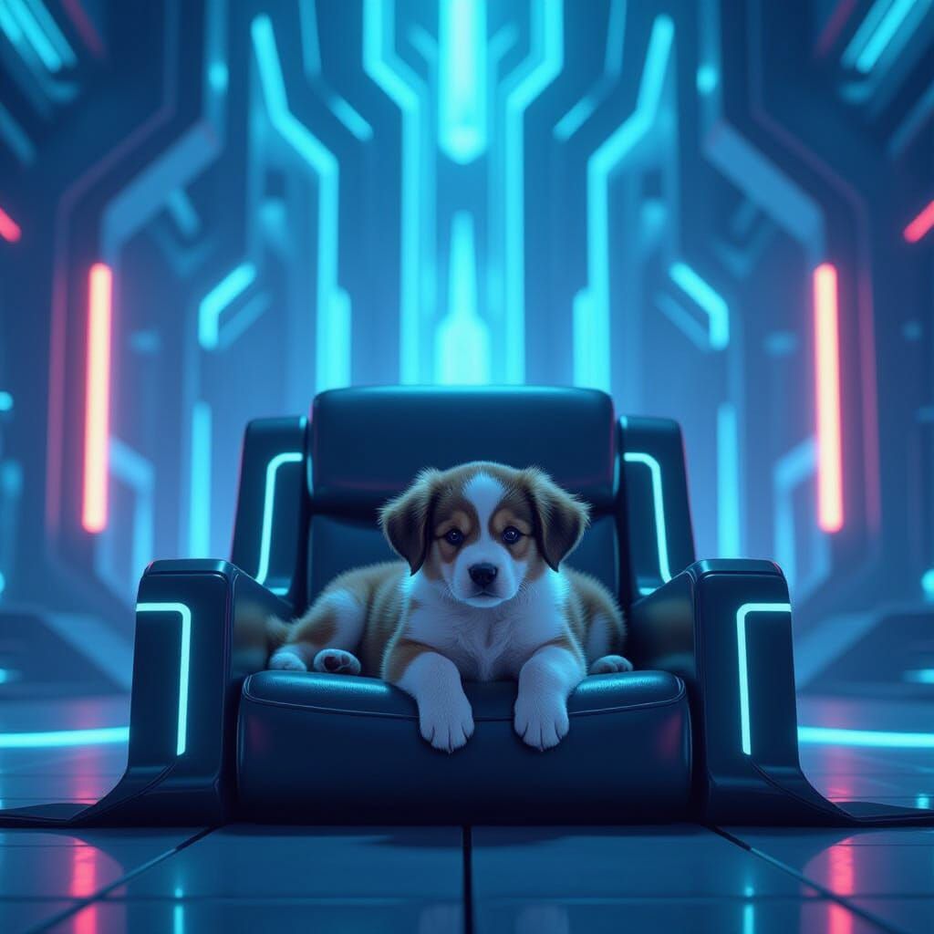 Puppy on Tron's Lap in Futuristic Throne Room