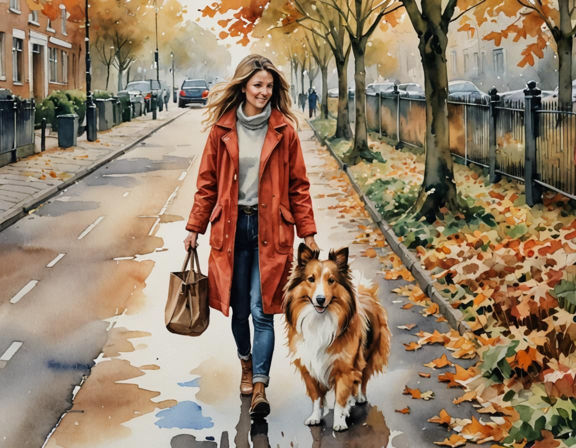 Impressionistic Autumn Street Scene with Girl and Dog