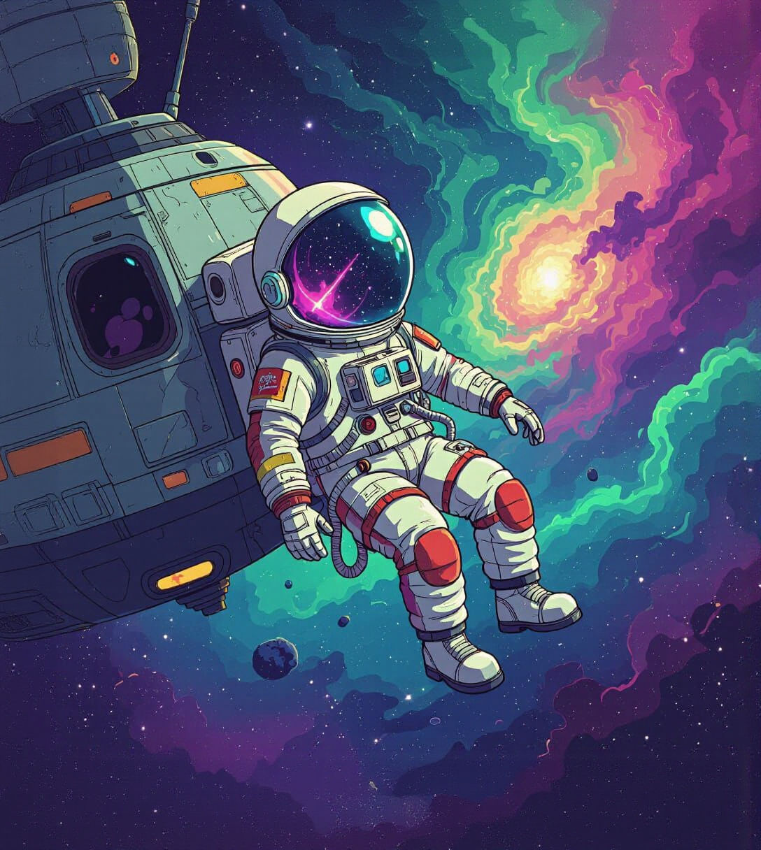 Astronaut Adrift Near Derelict Ship in Cosmic Void