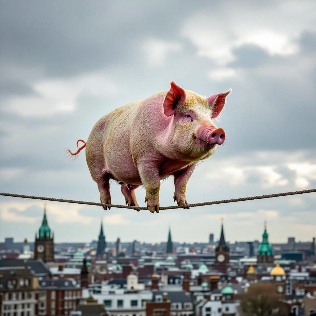 Pig Walks Tightrope Over Portsmouth City in Hyperrealistic H...