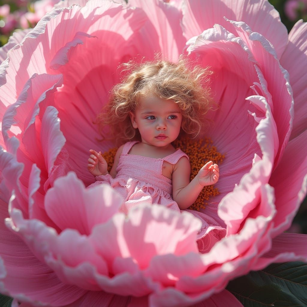 Angel Girl Surrounded by Pink Peonies in Soft Sunlight