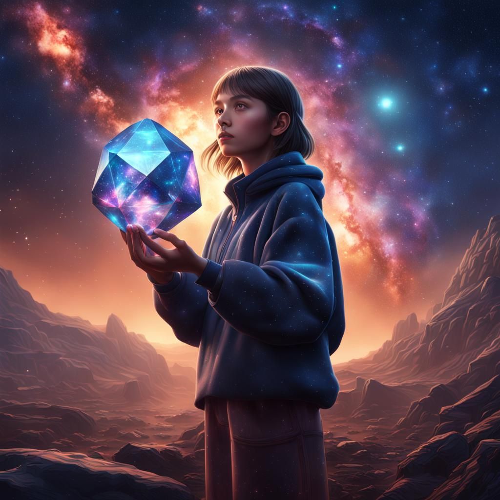 Girl with Diamond Under Galaxy: Fantasy Concept Art