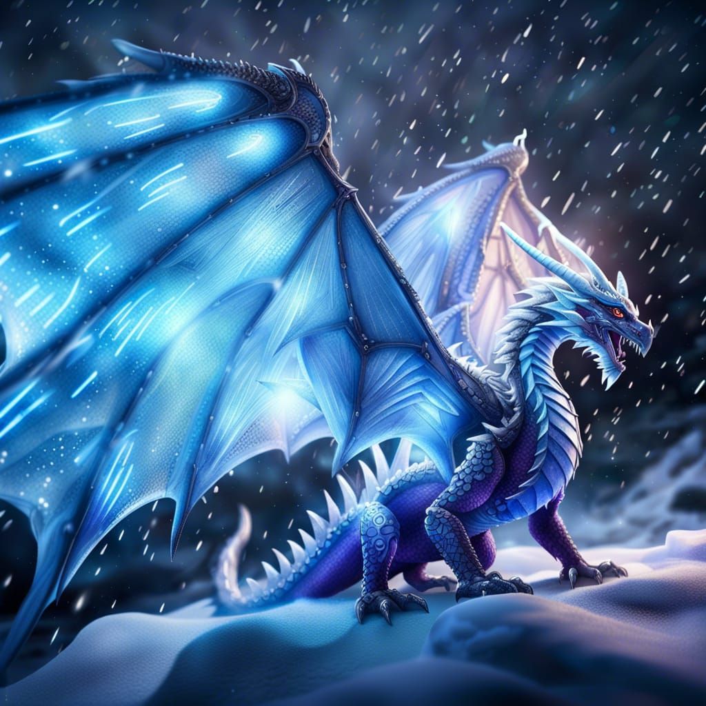 Ice Dragon in a Blizzard with Silver Armor
