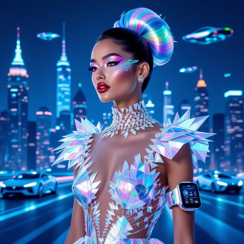 Woman with Holographic Hair in Futuristic Metropolis