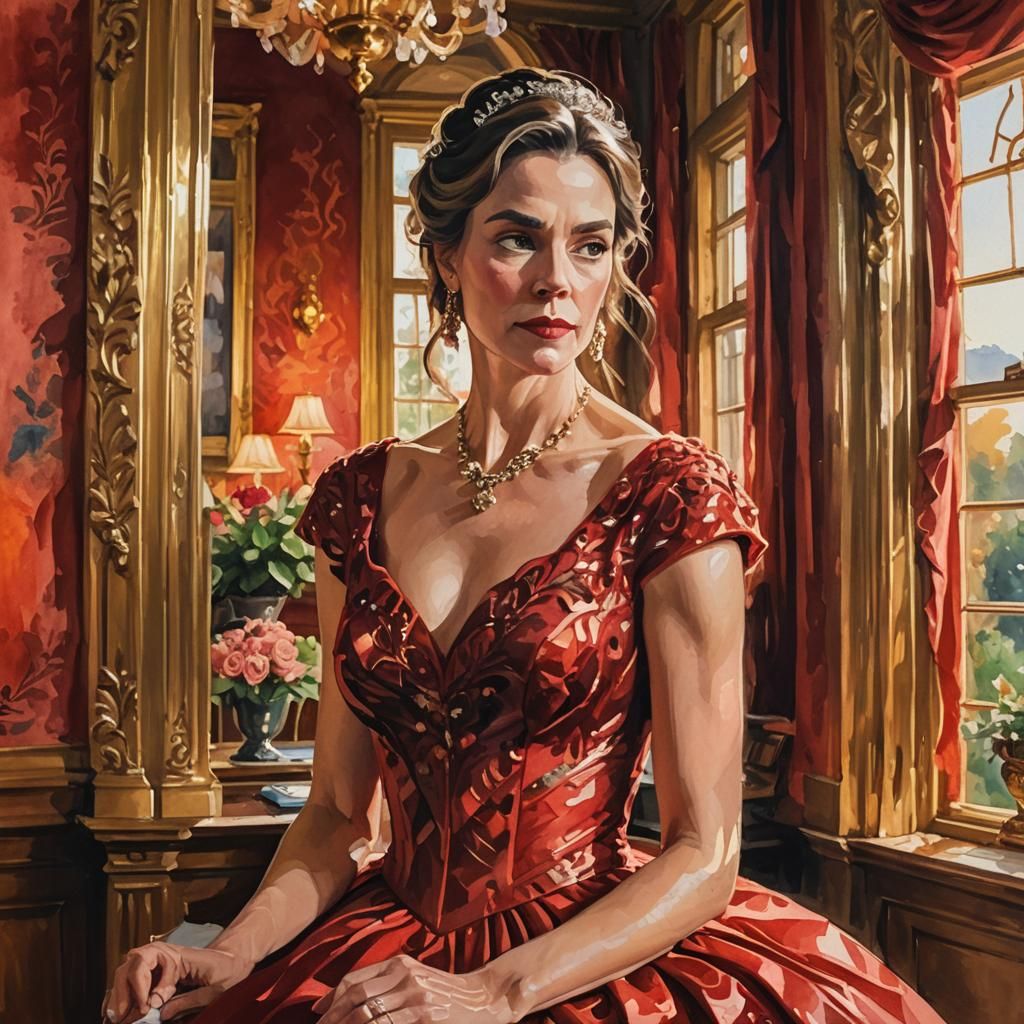 Crimson Gown: An Impressionist Gouache Masterpiece