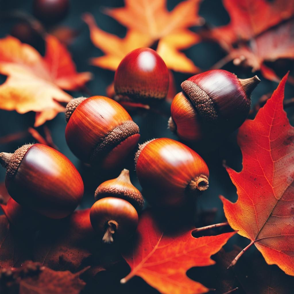 Double Exposure Acorns and Autumn Leaves