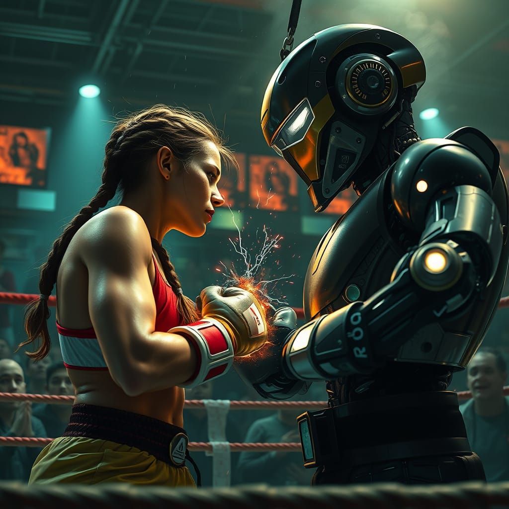 Female Boxer vs Robot in Underground Neon Ring