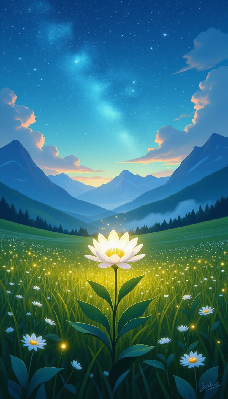 Dreamy Meadow: Glowing Flower Under Starry Sky
