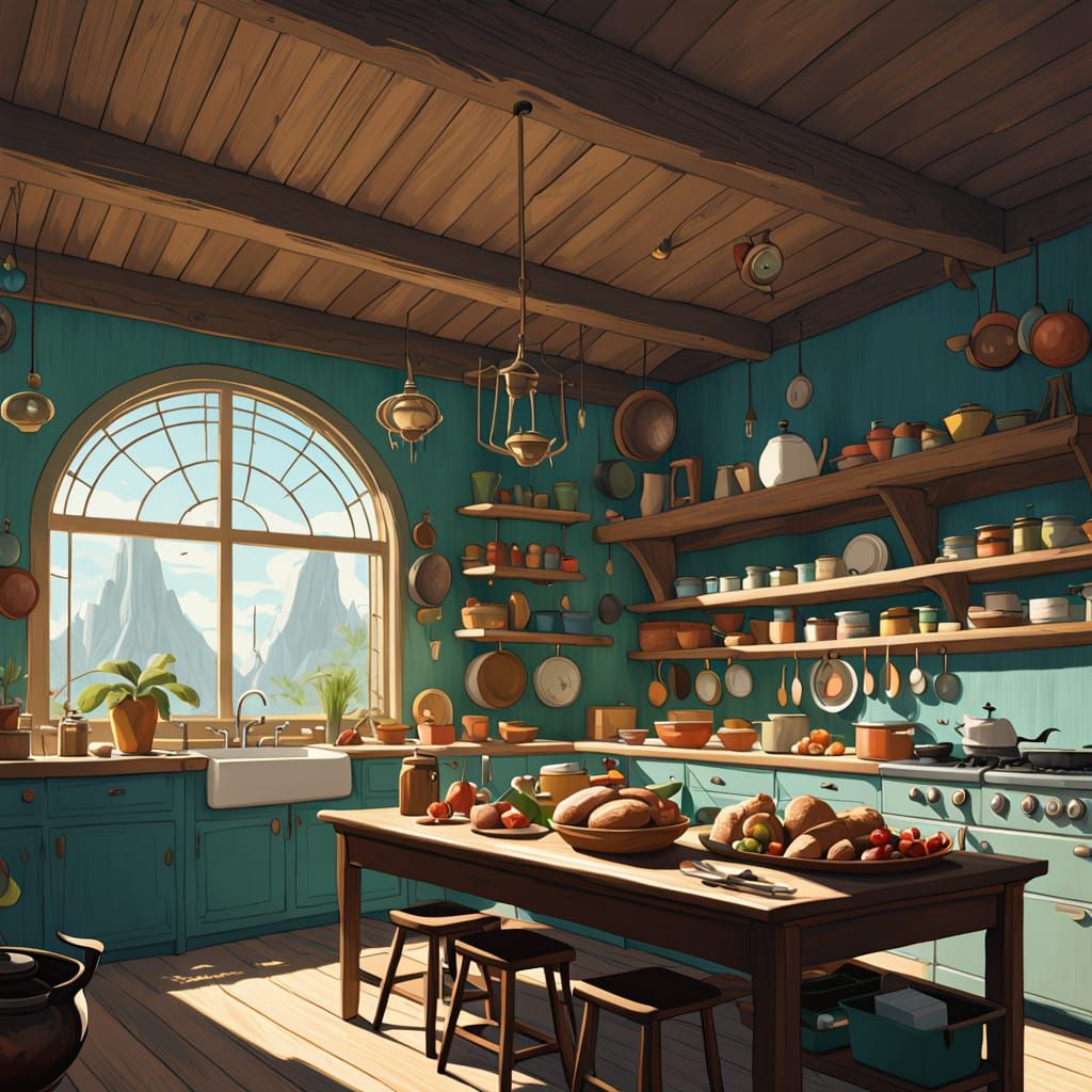 Warm Studio Ghibli-Inspired Kitchen Scene with Golden Light