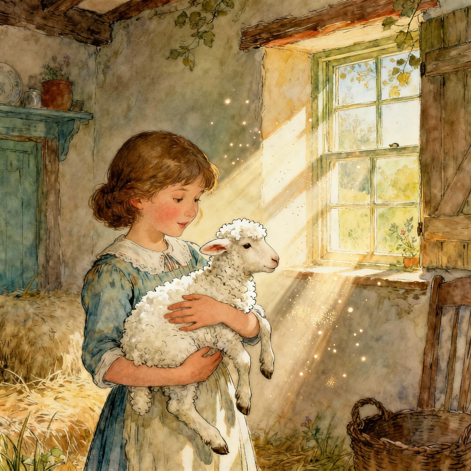Mary and Her Lamb in Storybook Style