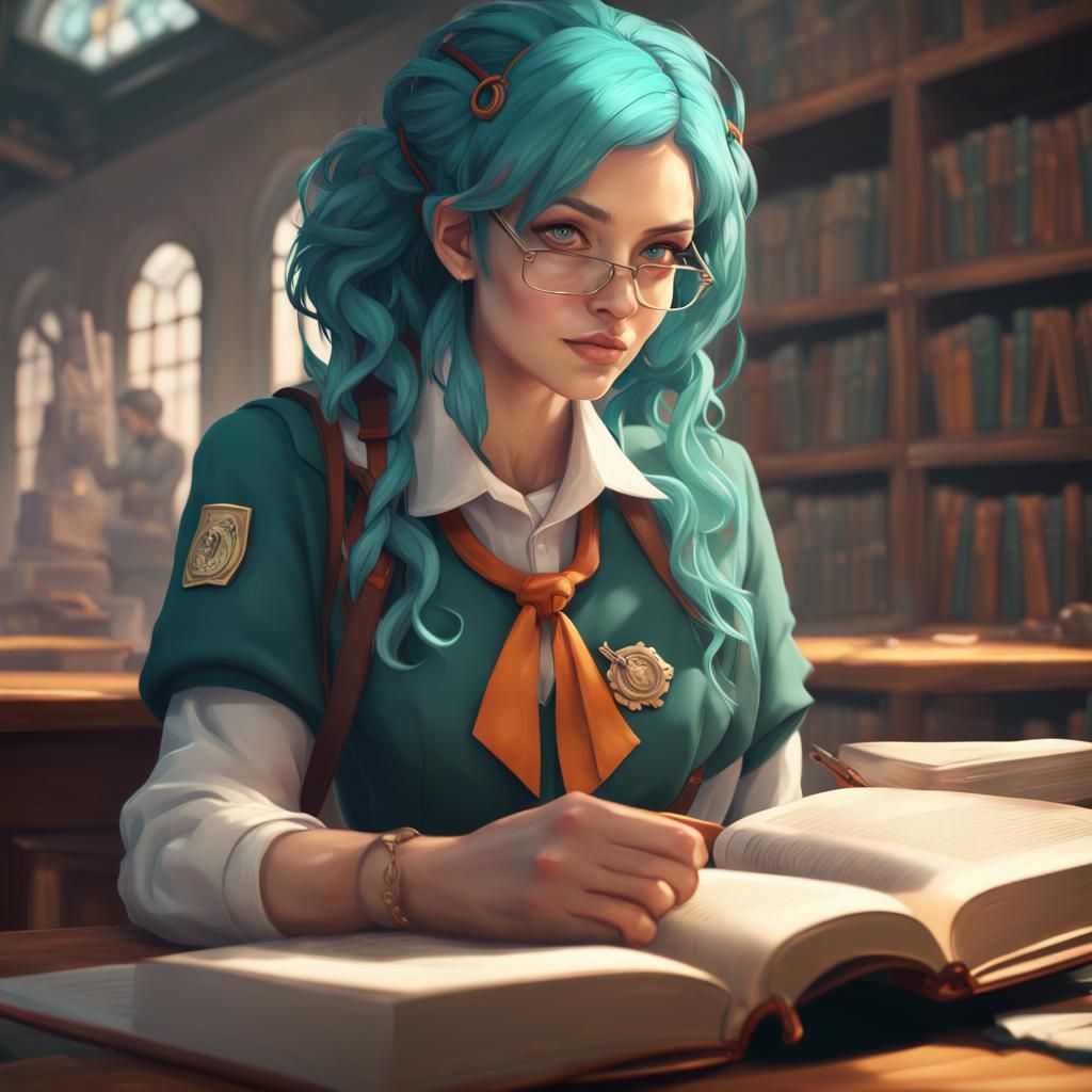 Teal-Haired Student Reading: Hyperdetailed Concept Art