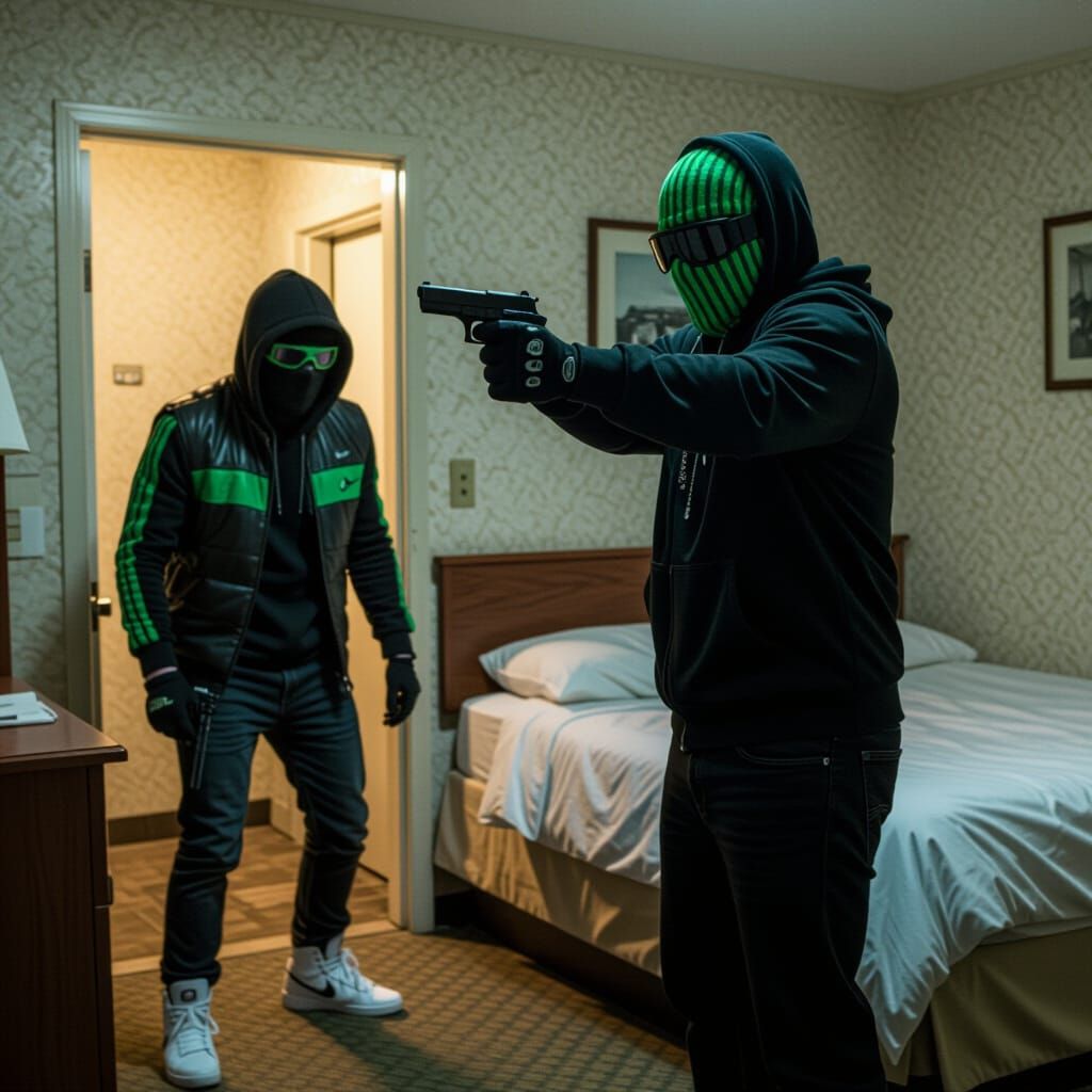 Terrified Person Confronts Armed Figure in Gritty Motel Room