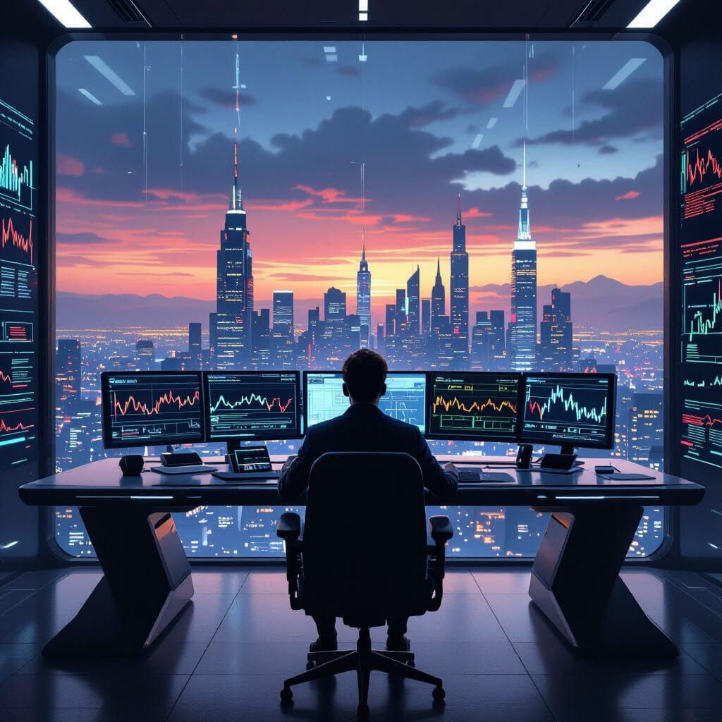 Futuristic Trader's Desk: Cityscape at Dusk