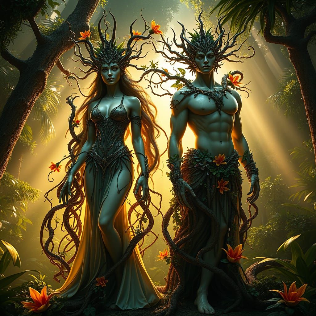 Enchanting Earth Goddess and God in Twisted Branches