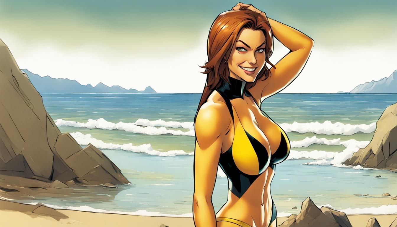 Rogue in Bikini on Sunny Beach, Hyperrealistic Art