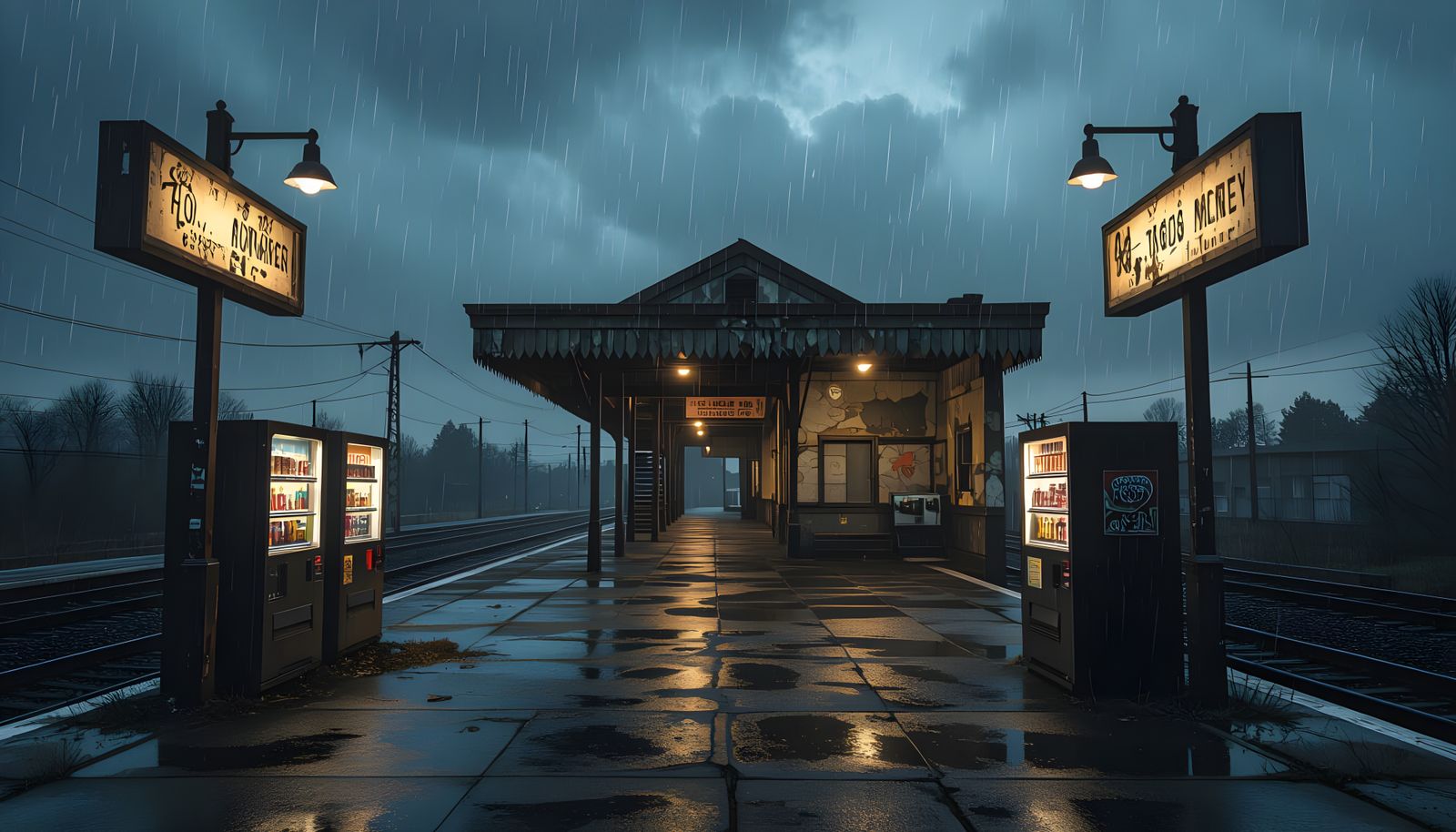 Eerie Abandoned Train Station at Night in Heavy Storm