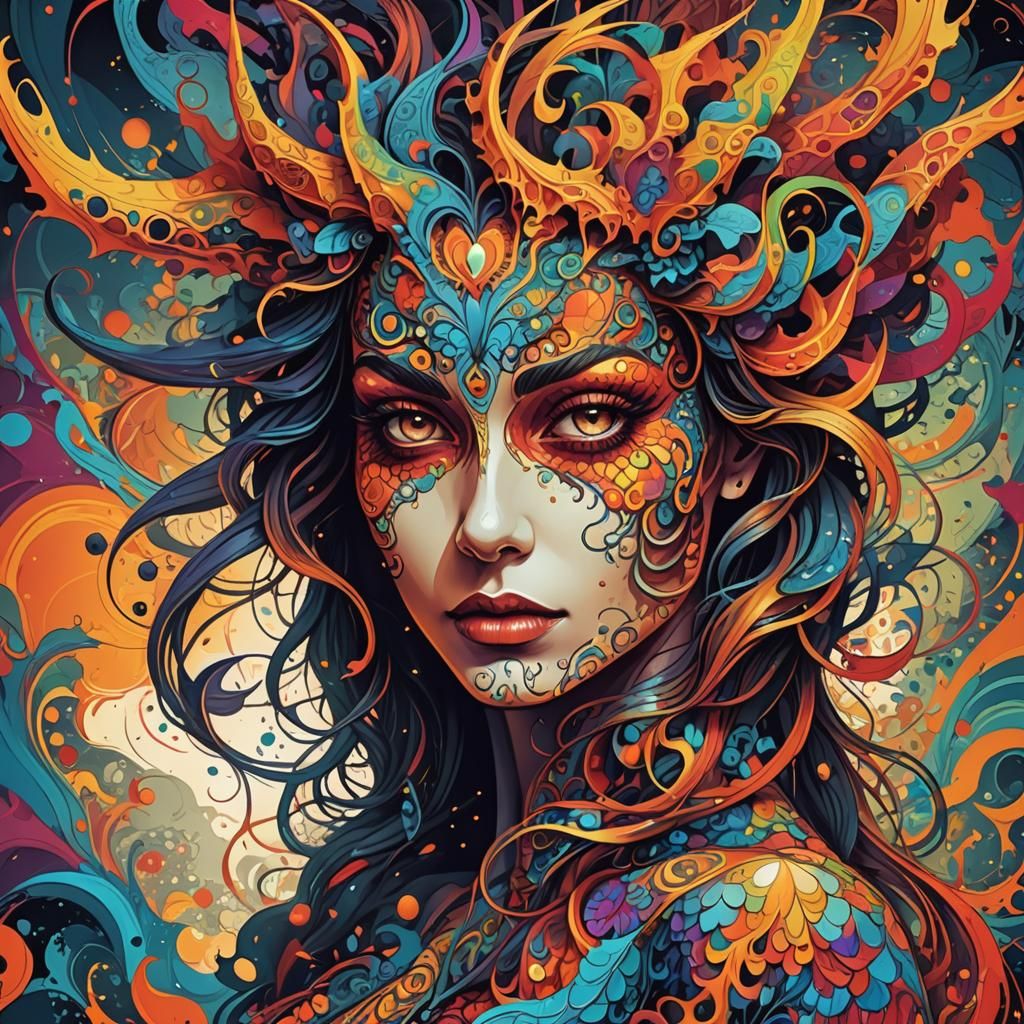 Psychedelic Splash Art of a Demon Woman