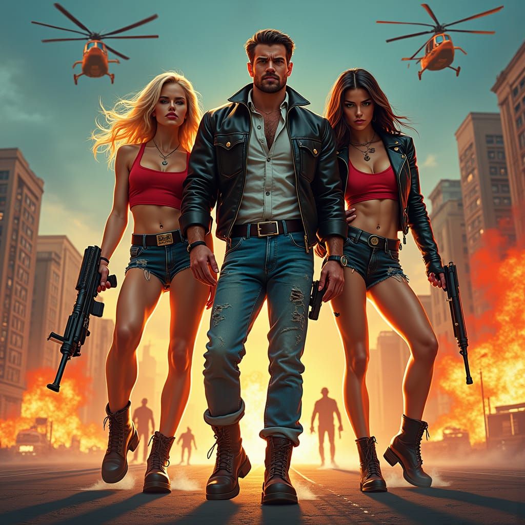 Retro 80s Action Hero in Neon-Lit Chaos