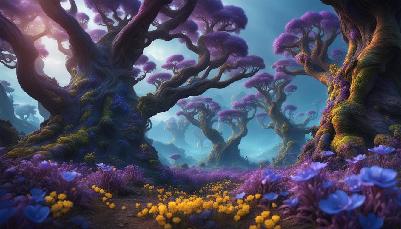 Alien Forest with Colorful Flowers: Fantasy Concept Art