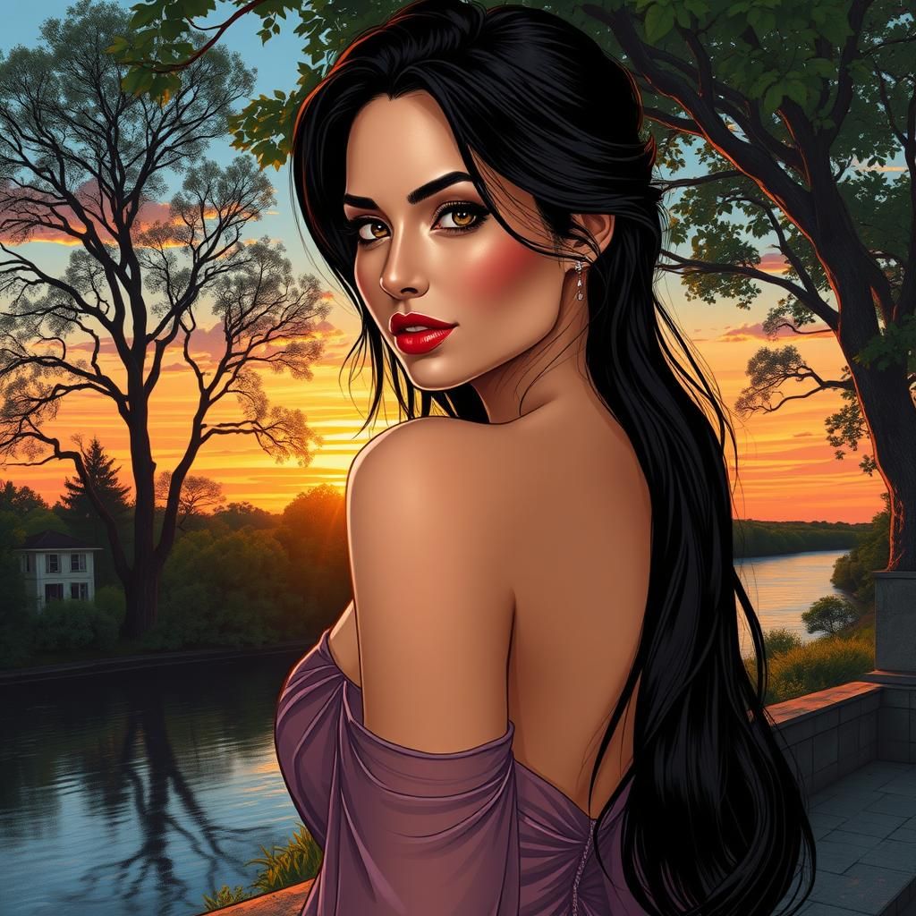 Sunkissed Woman in Flowing Gown, Comic Book Art