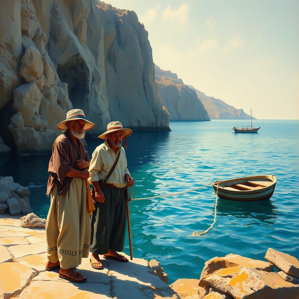 Greek Fishermen in Vibrant Impressionist Style