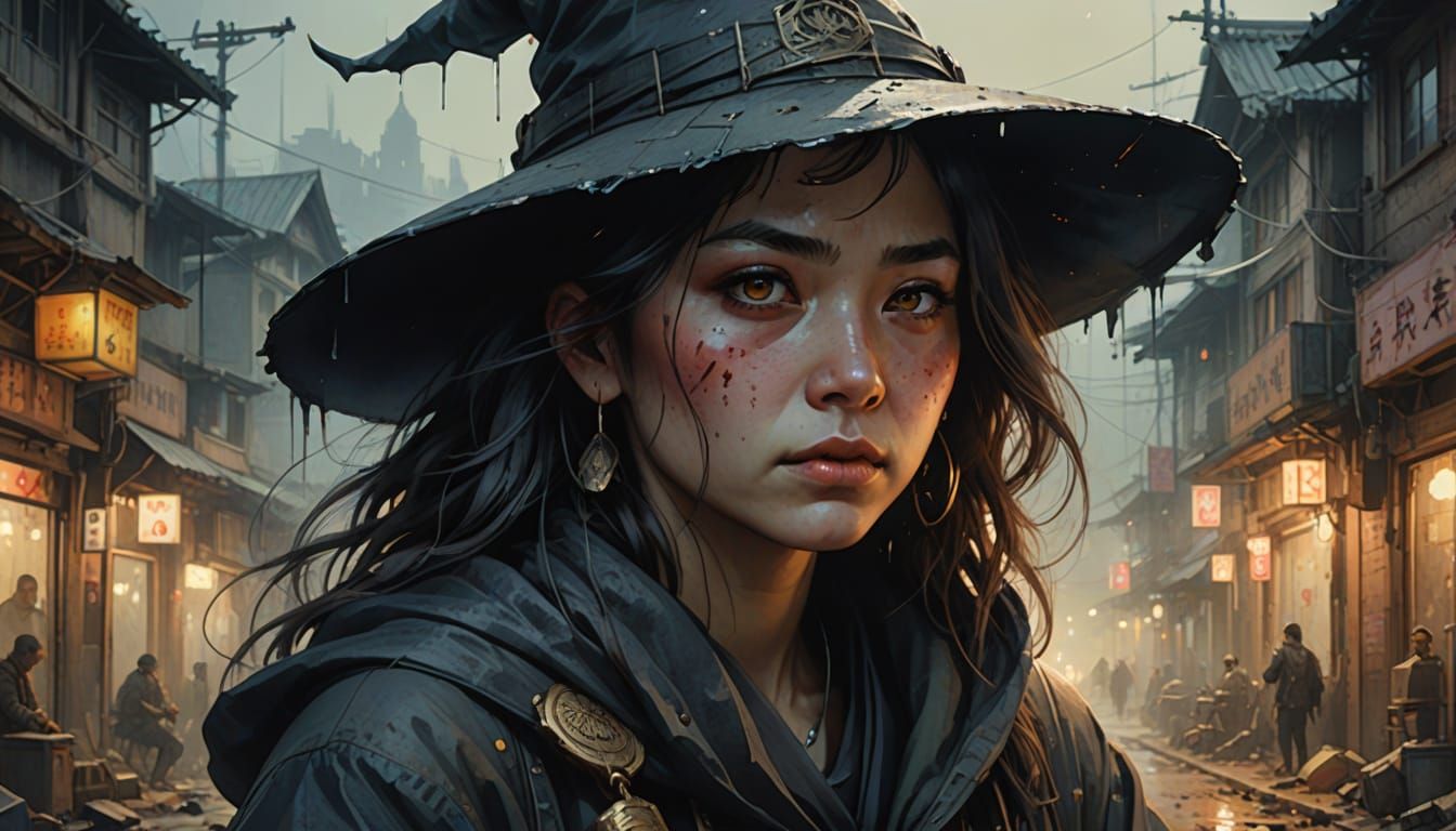 Sad Witch Portrait in Watercolour Comic Book Style