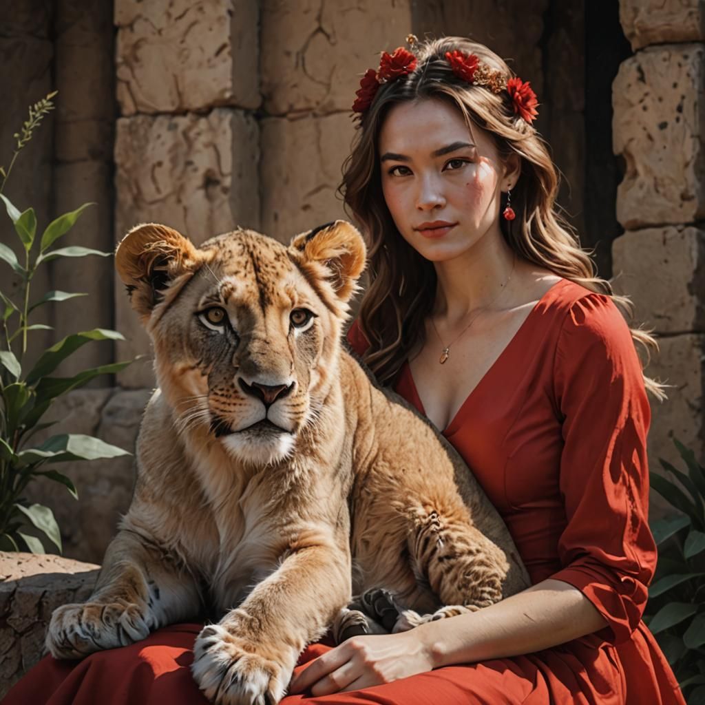 Woman in Red Dress with Lion Cub, WLOP Style