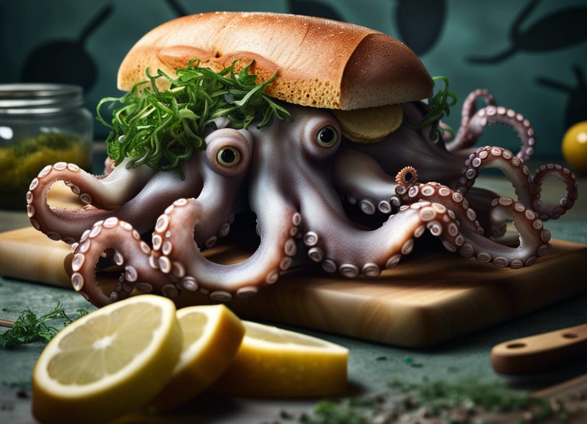 Octopus Sandwich with Seaweed Garnish: Hyperrealistic Close-...