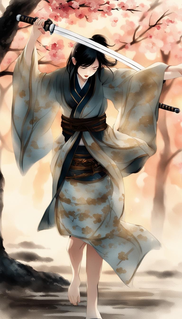 Asian Girl with Katana in Ink and Watercolor Style