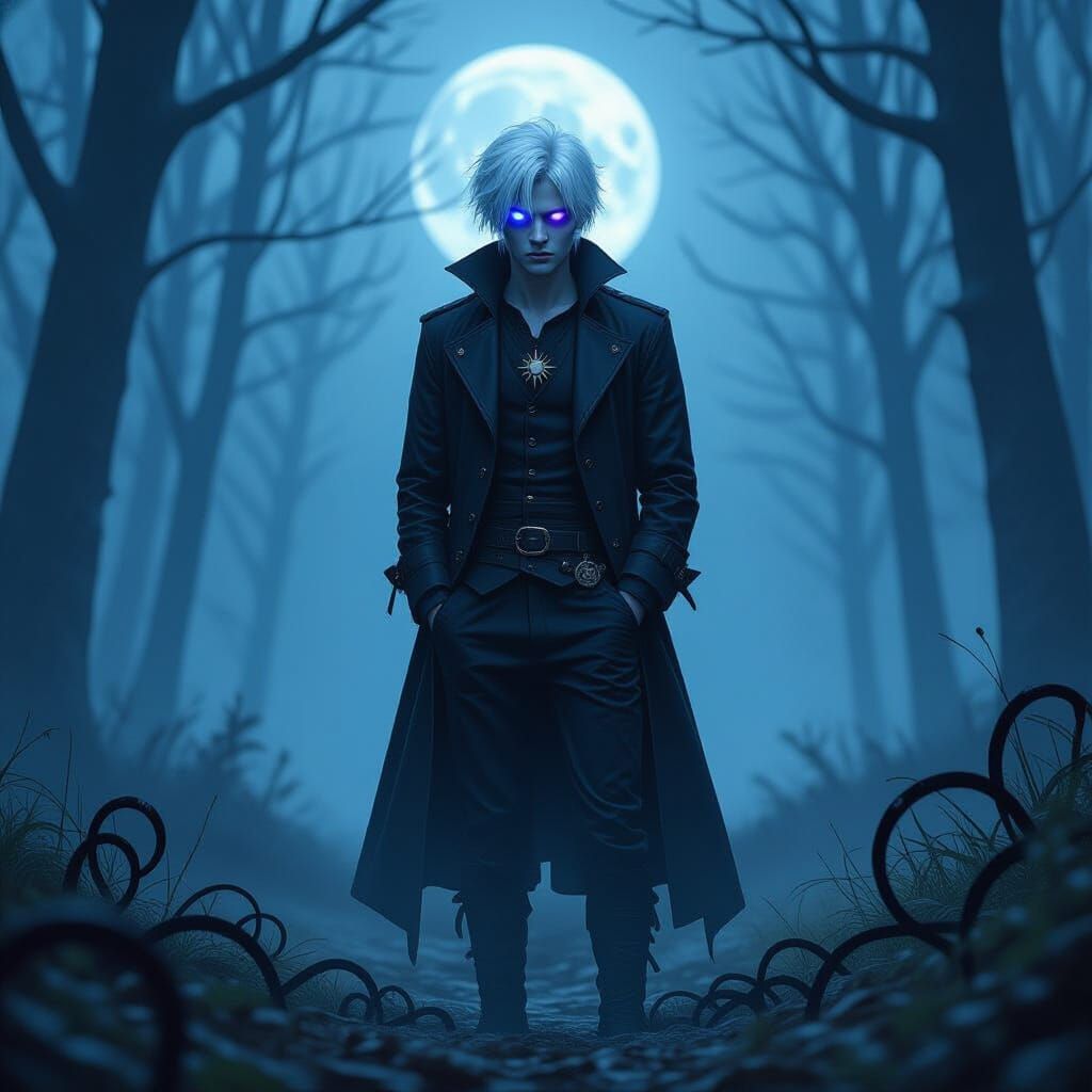 Teenager in Moonlit Forest: White Hair, Dual Eyes