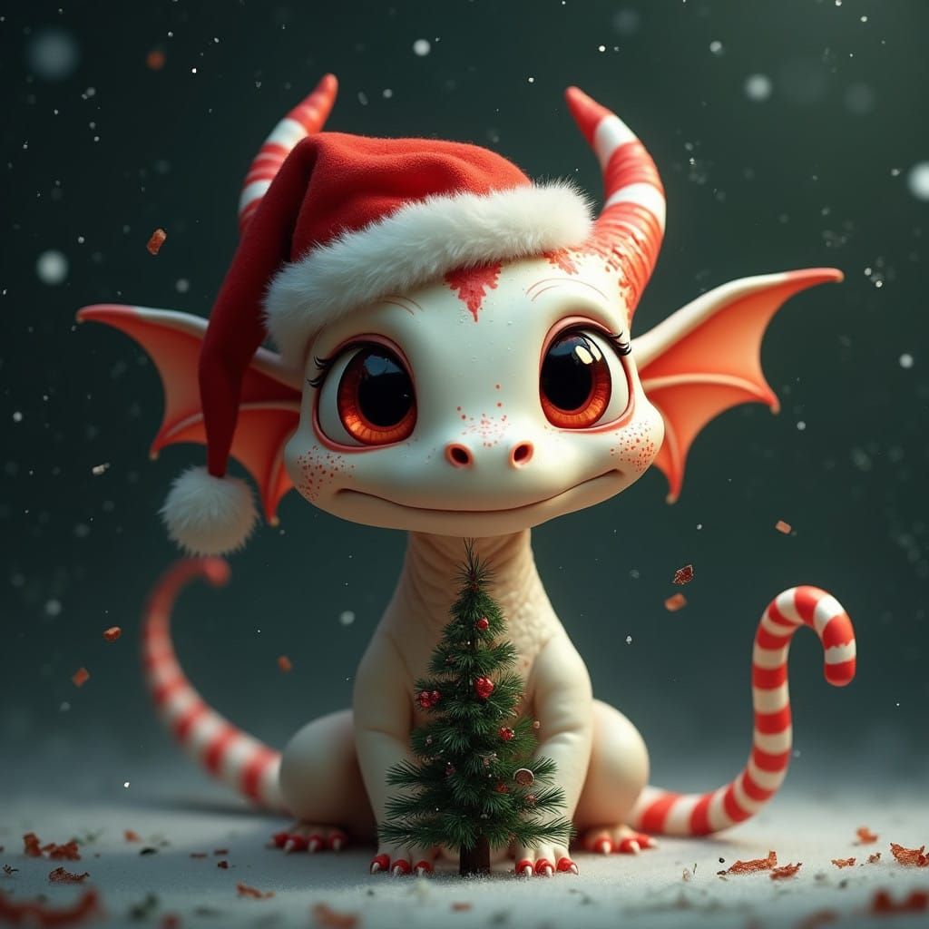 Whimsical Christmas Dragon Peers Over Tiny Tree