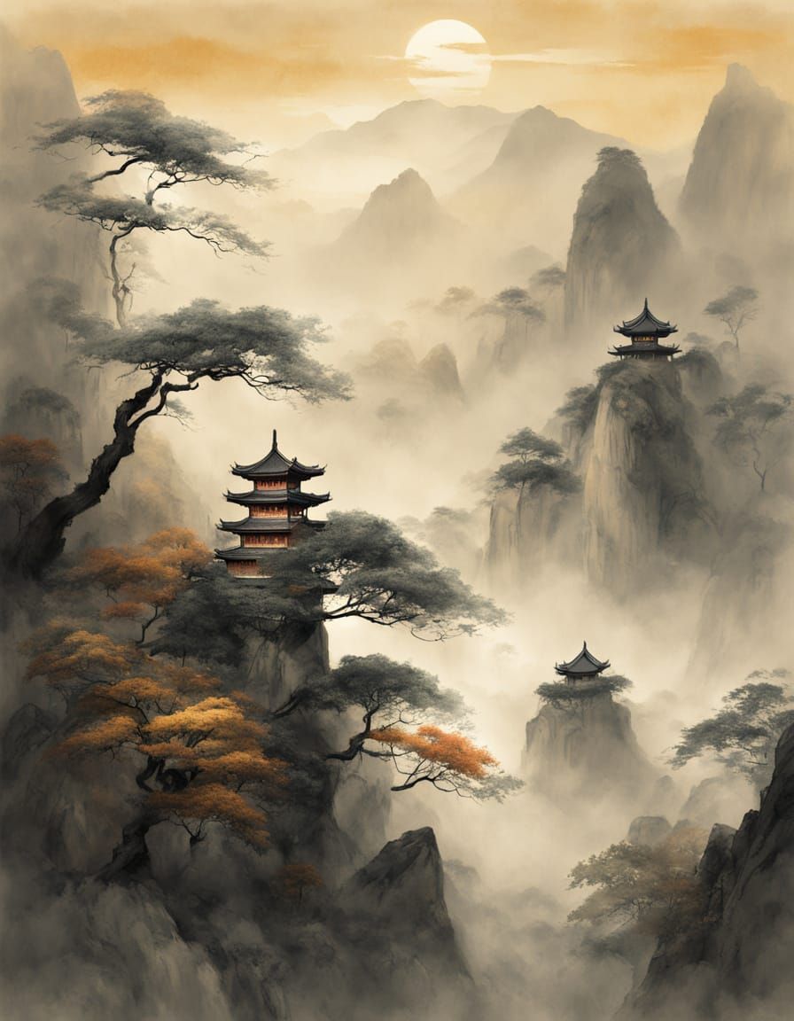 Buddhist Monk in Misty Mountain Landscape