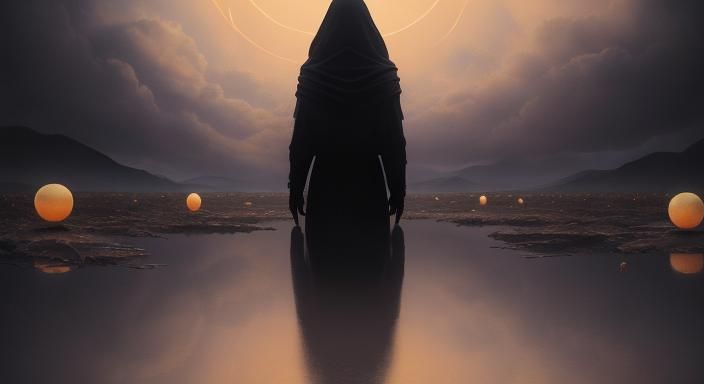 Surreal Figure Surrounded by Glowing Orbs