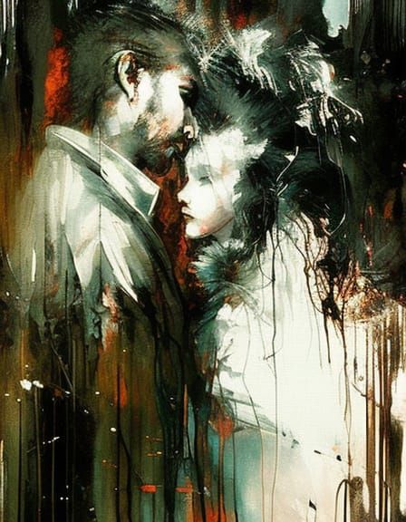 Embracing Couple in Smoke: Oil on Canvas
