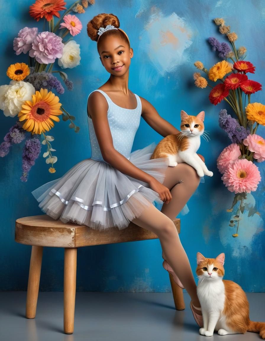 Stylized Ballerina Pirouette with Cat and Flowers