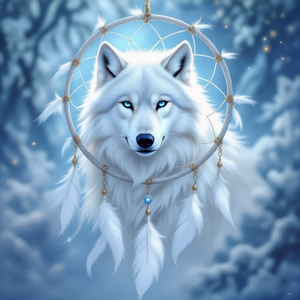 Ethereal White Wolf Dreamcatcher Celestial Fantasy Art