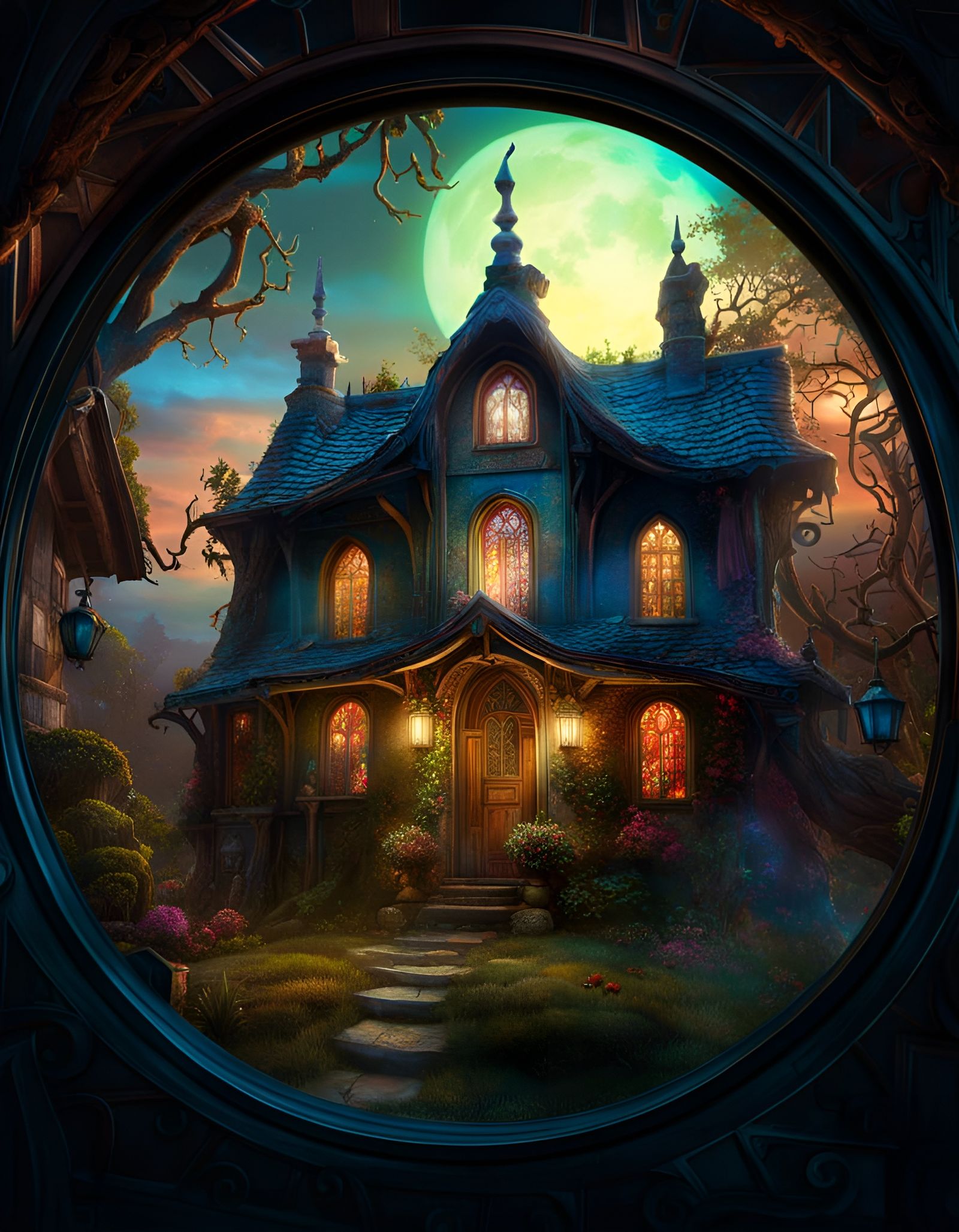 Illuminated Eerie Cottage with Glowing Ghost