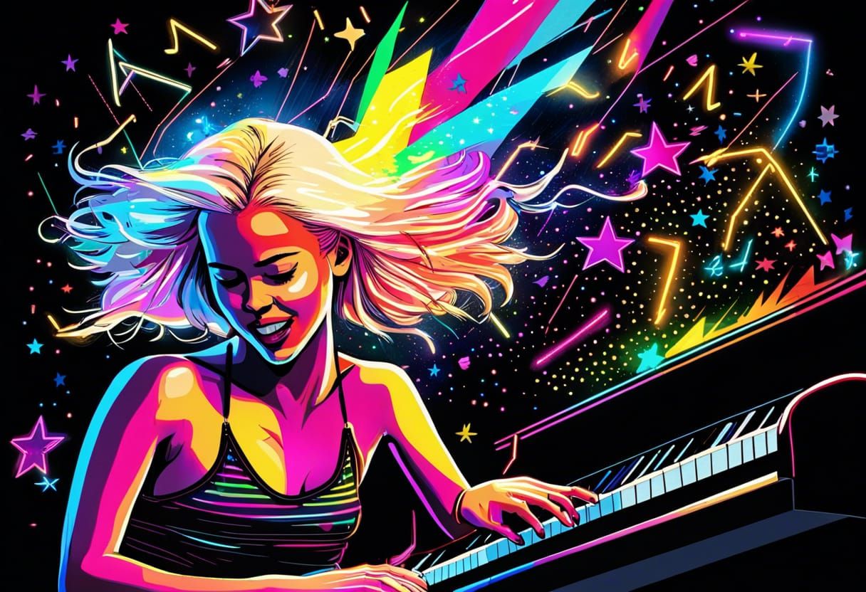 Blonde Woman Dancing to Piano Music with Neon Accents