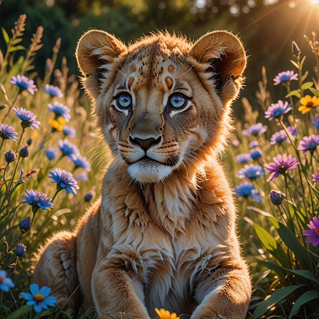Hyperrealistic Baby Lion Cub in Vibrant Wildflowers