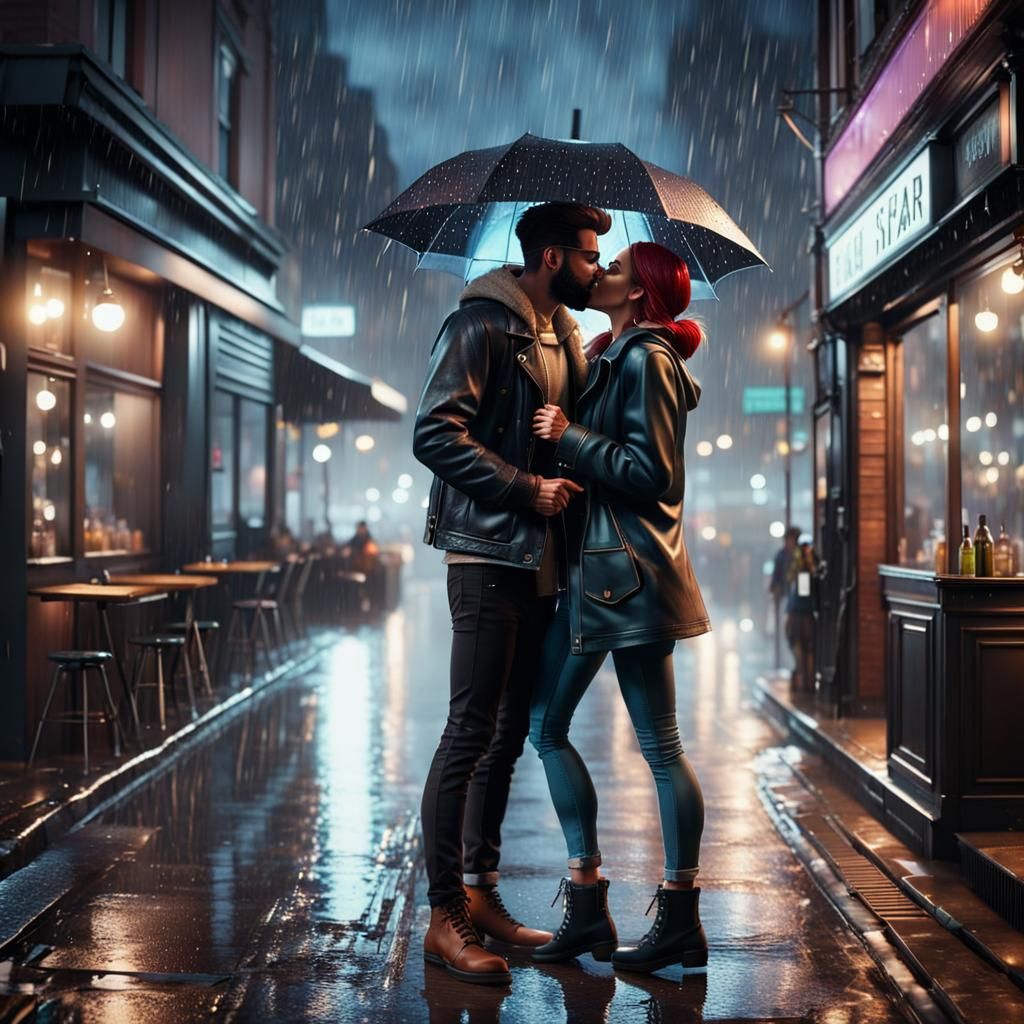 Young Couple Kissing in Rainy City Street