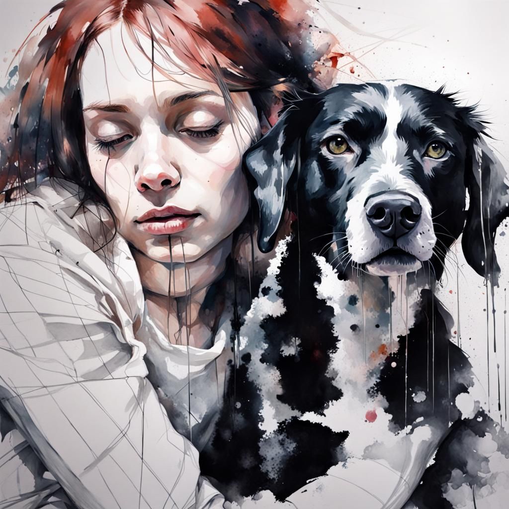 Girl with Dog Portrait in Watercolor Style