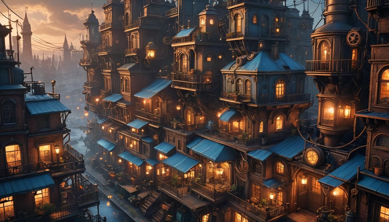 Steampunk City at Dusk with Amber Lights