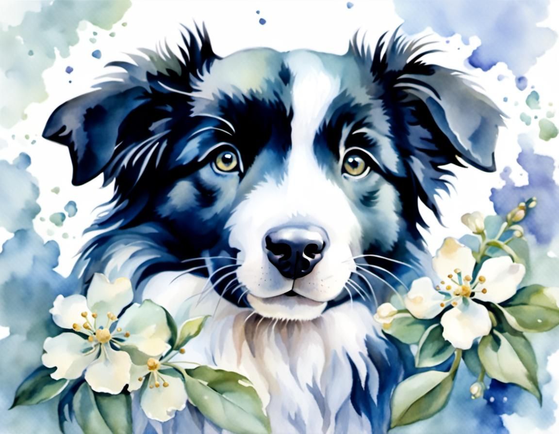 Border Collie Puppy with Jasmine Flowers in Watercolor