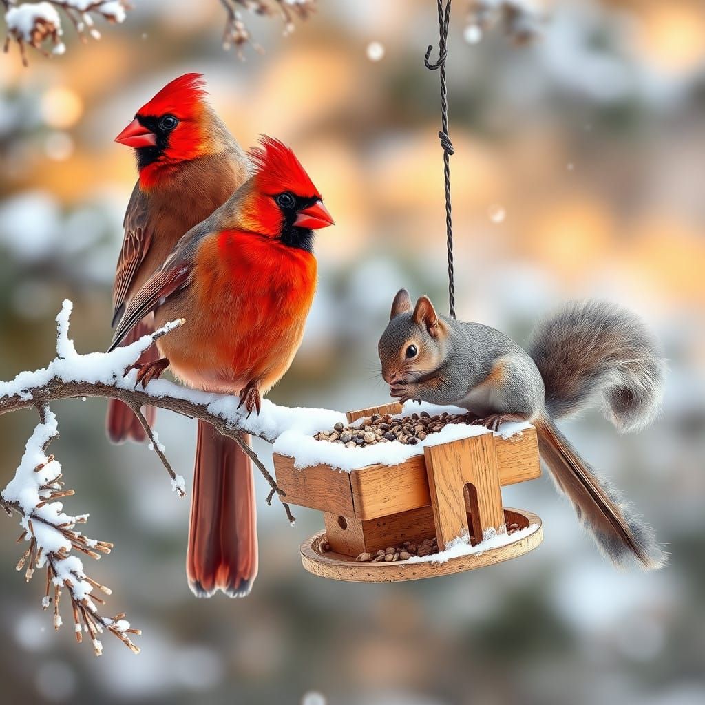 Vibrant Cardinals and Squirrel on Winter Branch