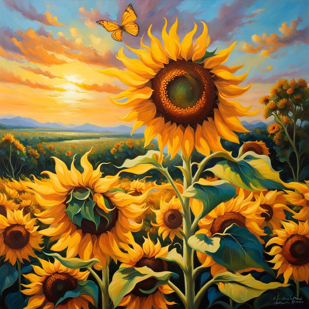 Golden Sunflowers Field in Impressionist Style