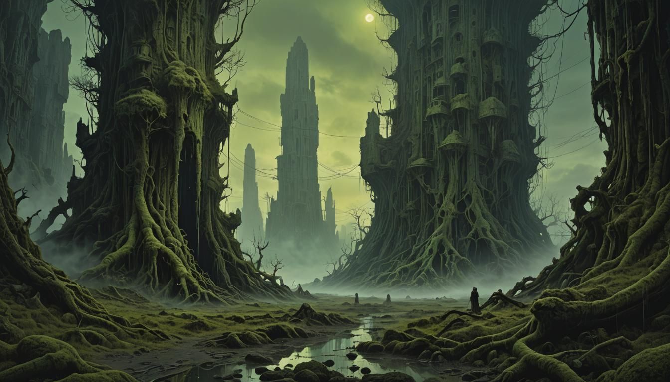 Dark Fantasy Landscape in Zdzisław Beksiński Style