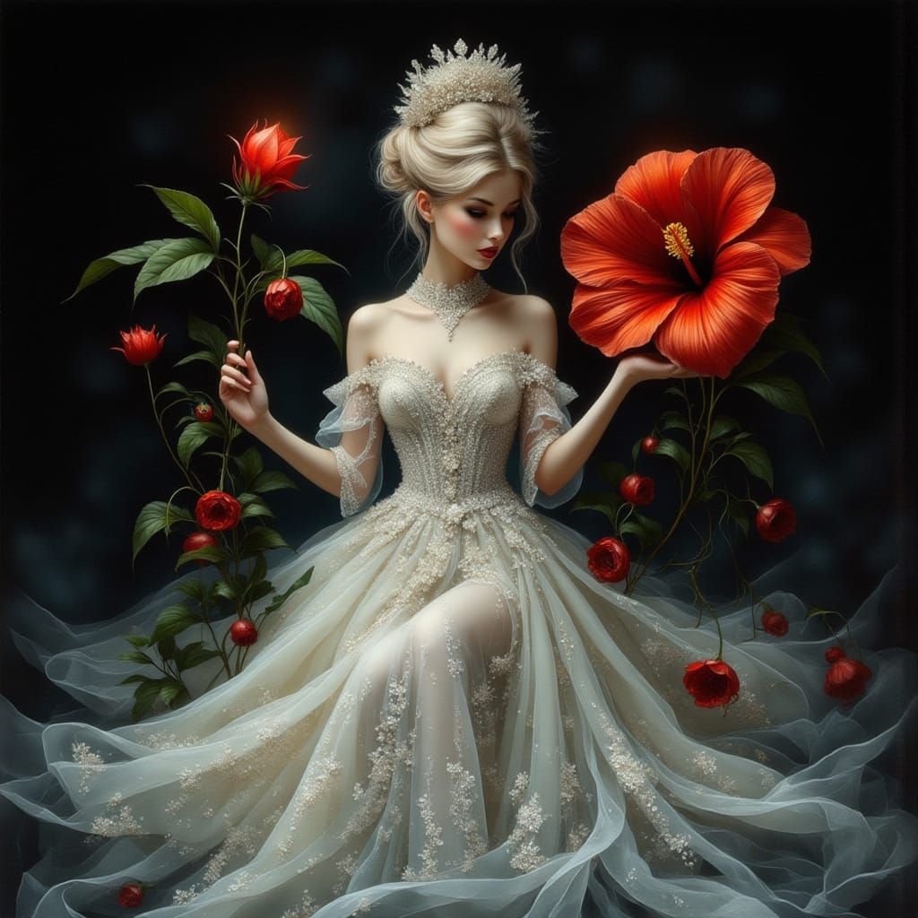 Woman in White Gown with Hibiscus, in Fantasy Art Style